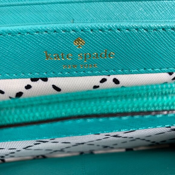 Kate Spade New York Teal Leather Zip-Around Wallet Gold Logo Hardware Womens - Picture 10 of 13